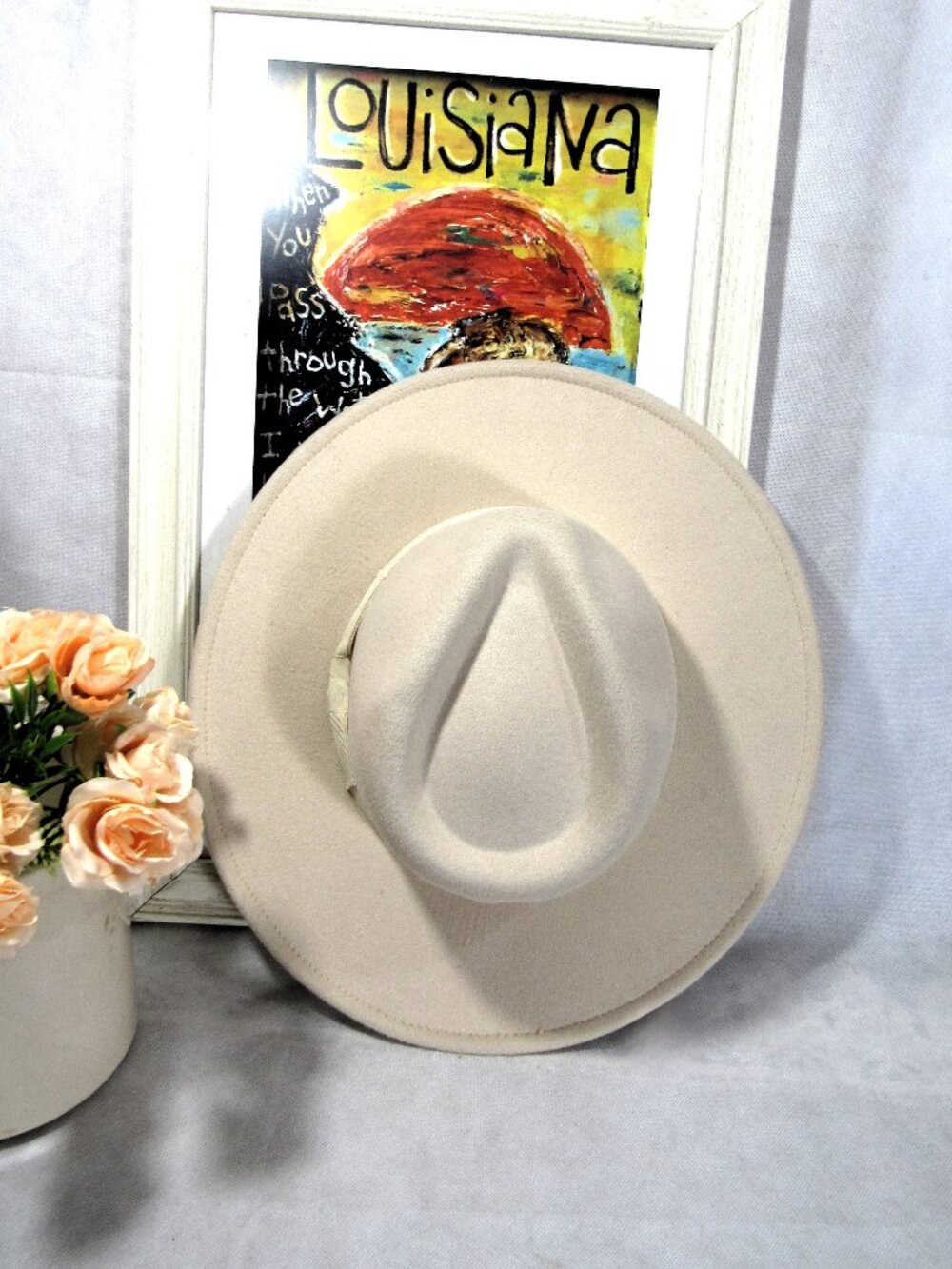 ANGELA & WILLIAM WIDE BRIM FEDORA MARSHAL HAT 7.5 or ADJUSTS, IVORY WOOL/FELT